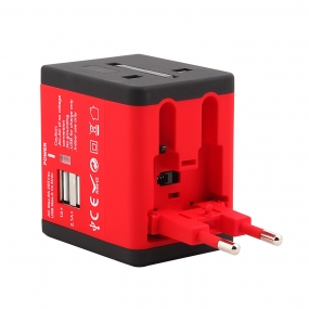 World Wide Travel Charger Adapter Plug Built-in Dual USB FOR All International Plug - Red