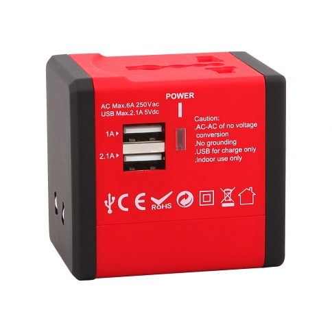 World Wide Travel Charger Adapter Plug Built-in Dual USB FOR All International Plug - Red