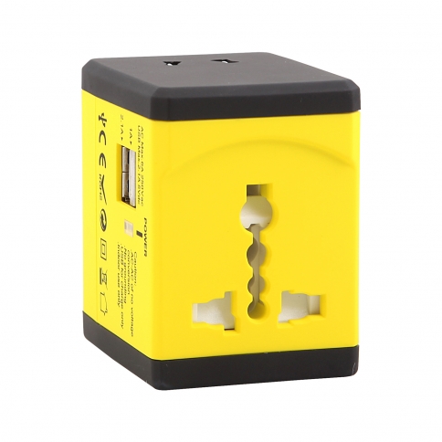 World Wide Travel Charger Adapter Plug Built-in Dual USB FOR All International Plug - Yellow