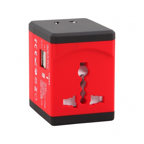 World Wide Travel Charger Adapter Plug Built-in Dual USB FOR All International Plug - Red