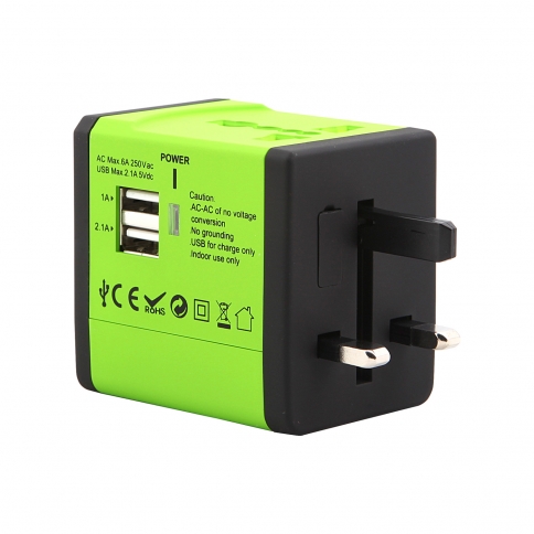 World Wide Travel Charger Adapter Plug Built-in Dual USB FOR All International Plug - Green