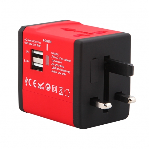 World Wide Travel Charger Adapter Plug Built-in Dual USB FOR All International Plug - Red