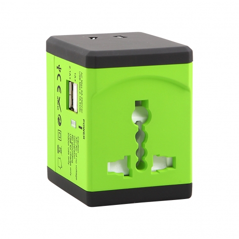 World Wide Travel Charger Adapter Plug Built-in Dual USB FOR All International Plug - Green