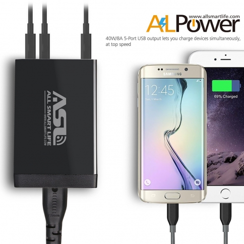 AllSmartLife 40W 8-Amp 5-Port USB Charger Smart Travel Charger Smart IC Wall Adapter Fast Charging