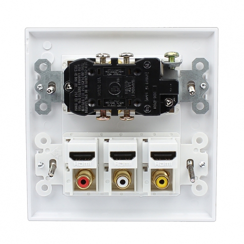 Combination 2 x 15 Amp 125V Power Outlet 3 x RCA  3 X HDMI Wall Plate White