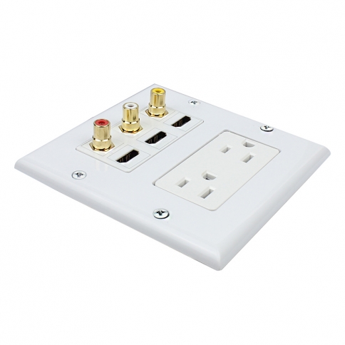 Combination 2 x 15 Amp 125V Power Outlet 3 x RCA  3 X HDMI Wall Plate White