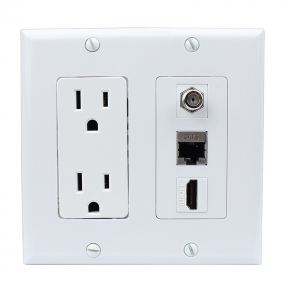 Combination 15 Amp Power Outlet and 1 Port Coax Cable TV- F-Type and 1 HDMI and 1CAT6 Wall Plate