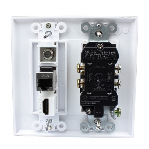 Combination 15 Amp Power Outlet and 1 Port Coax Cable TV- F-Type and 1 HDMI and 1CAT6 Wall Plate