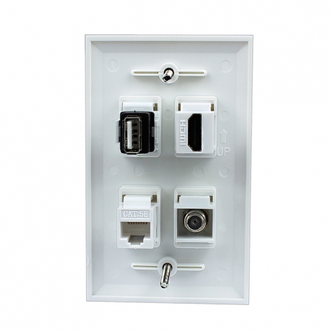 Combined 1 Port HDMI and 1 Port Coax Cable TV- F-Type and 1 Port USB1 Port Cat5e Ethernet Wall Plate