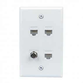 Combination 1 Port Coax Cable TV- F-Type 3 Port Cat6 Ethernet White Wall Plate