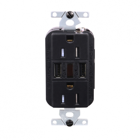 2.1 AMP Dual USB Charger Receptacle 15A Duplex Tamper Resistant Receptacle (black)