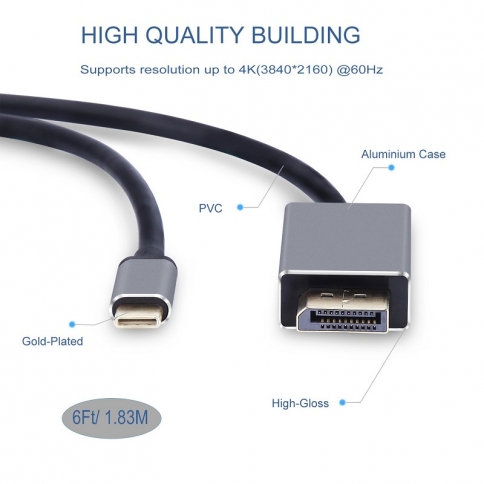 USB C to DisplayPort Cable 4K@60Hz Gold-Plated for 2017 iMac, 2017/2016 MacBook Pro, Samsung Galaxy Note 8/ S8/ S8 Plus, ChromeBook Pixel (6Ft, Aluminium Case)