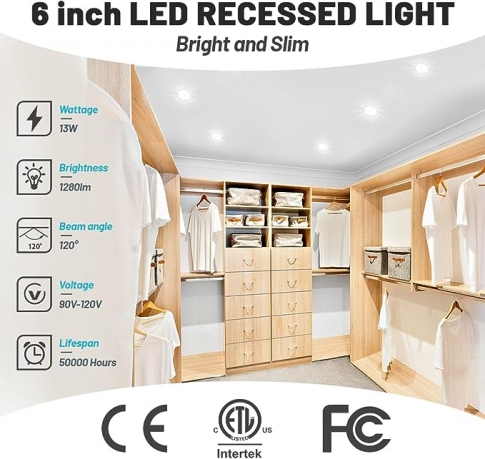 Allsmartlife 12-Pack 6 Inch LED Recessed Light, 5CCT Options (2700K-5000K) 13W=120W 1280LM Dimmable Ultra-Thin Canless LED Recessed Ceiling Light, High Brightness Can-Killer Downlight Junction Box ETL